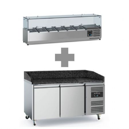 Meuble à pizza inox avec plan en granit noir et 2 portes allant de +2 à +8 + saladette 6xGN1/3 1500mm