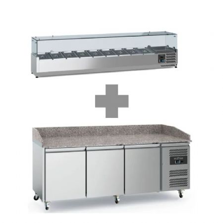 Meuble à pizza inox avec plan en granit et 3 portes allant de +2 à +8°C + saladette 9xGN1/3 2000mm Meuble à pizza inox avec plan en granit et 3 portes allant de +2 à +8°C + saladette 9xGN1/3 2000mm