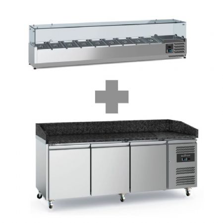 Meuble à pizza inox avec plan en granit noir et 3 portes allant de +2 à +8°C + saladette 9xGN1/3 2000mm