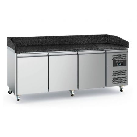 Meuble à pizza inox avec plan en granit noir et 3 portes allant de +2 à +8°C + saladette 9xGN1/3 2000mm