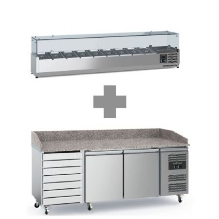 Meuble à pizza inox avec plan en granit 2 portes et 7 tiroirs allant de +2 à +8 + saladette 9xGN1/3 2000mm