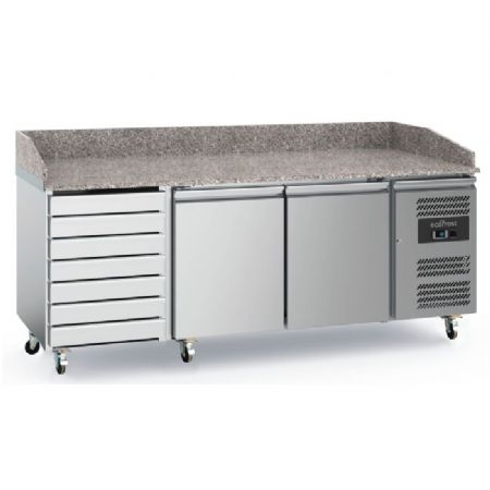 Meuble à pizza inox avec plan en granit 2 portes et 7 tiroirs allant de +2 à +8 + saladette 9xGN1/3 2000mm