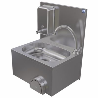 Lave-mains mural inox action genou avec doseur de savon 300 x 400 x 210 mm