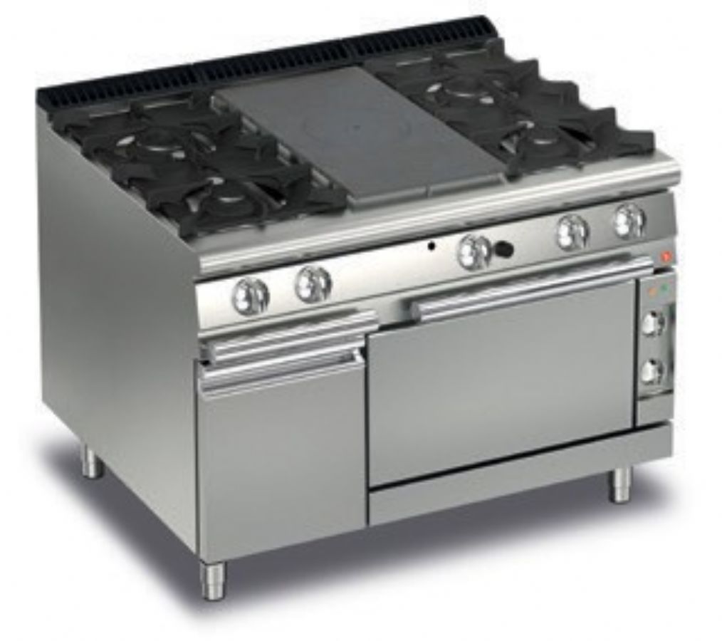 Fourneau gaz 4 foyers vifs et 1/2 plaque coup de feu sur four électrique Fourneau gaz 4 foyers vifs et 1/2 plaque coup de feu sur four électrique