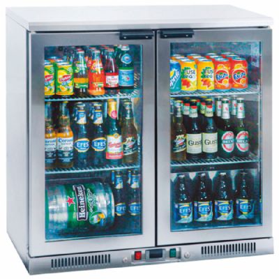 Réfrigérateur bar inox 2 portes vitrées battantes 210 L température +2/+12°C Réfrigérateur bar inox 2 portes vitrées battantes 210 L température +2/+12°C