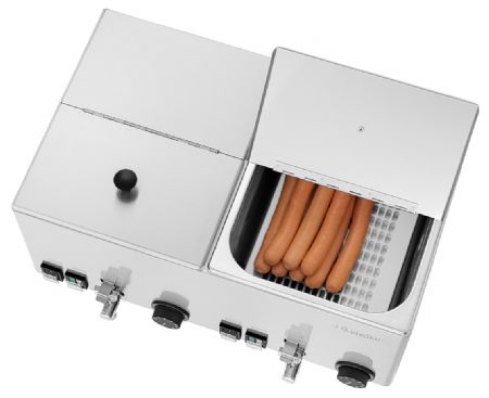 Chauffe-saucisses électrique 2KA20 2 cuves séparées de 2 kW chacune, régulation thermostatique jusqu'à 90 °C, couvercles rabattables et amovibles, dimensions 535x370x240 mm - Bartscher - A120466