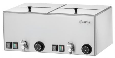 Chauffe-saucisses électrique 2KA20 2 cuves séparées de 2 kW chacune, régulation thermostatique jusqu'à 90 °C, couvercles rabattables et amovibles, dimensions 535x370x240 mm - Bartscher - A120466
