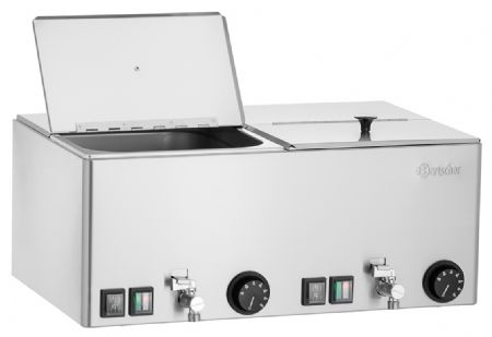 Chauffe-saucisses électrique 2KA20 2 cuves séparées de 2 kW chacune, régulation thermostatique jusqu'à 90 °C, couvercles rabattables et amovibles, dimensions 535x370x240 mm - Bartscher - A120466