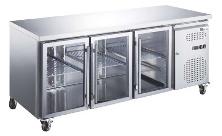 Table rfrigre professionnelle positive tropicalise inox 3 portes vitre 417 L