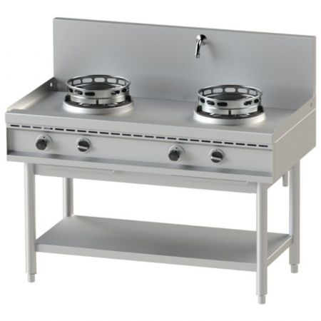 Fourneau wok à gaz avec étagère, 2 brûleurs, 1 robinet pour l'eau, 26 kW - Virtus - AHA0002