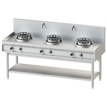 Fourneau wok à gaz avec étagère, 3 brûleurs, 39 kW, 2 robinets pour l'eau - Virtus - AHA0003