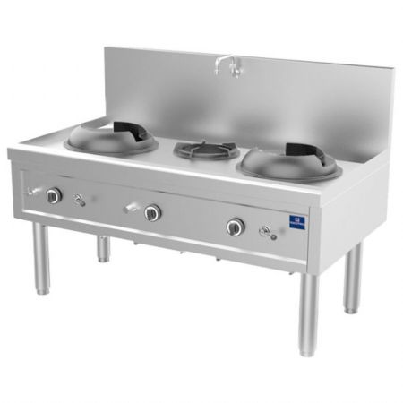 Fourneau wok à gaz avec 2 brûleurs 27,5 kW et 1 brûleur soupe 9,2 kW, robinet d'eau - Virtus - AHA0008/U