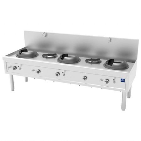Fourneau wok gaz avec 3 brûleurs 27,5 kW et 2 brûleurs soupe 9,2 kW, 2 robinets eau - Virtus - AHA0025