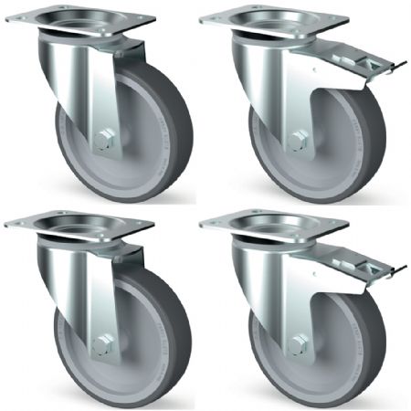 Kit 4 roues inox, pivotantes, 2x freins
