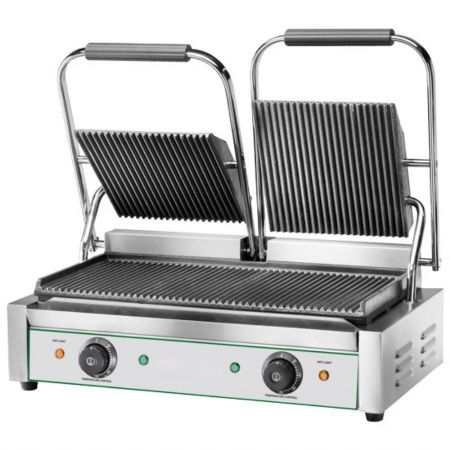 Paninis gril contact double avec 2 plaques en fonte rainurées, 2x 230x240 mm, 3.6 kW - Virtus - AJA0045 Paninis gril contact double avec 2 plaques en fonte rainurées, 2x 230x240 mm, 3.6 kW - Virtus - AJA0045