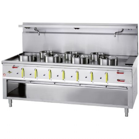 Fourneau wok professionnel gaz 7 zones 110965 kW 2250x900x780/1300 mm - Diamond Promo - ASIA2-C7R