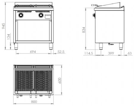Plaque barbecue professionnelle à gaz sur placard ouvert 16,6 kW - 800x600x945 mm