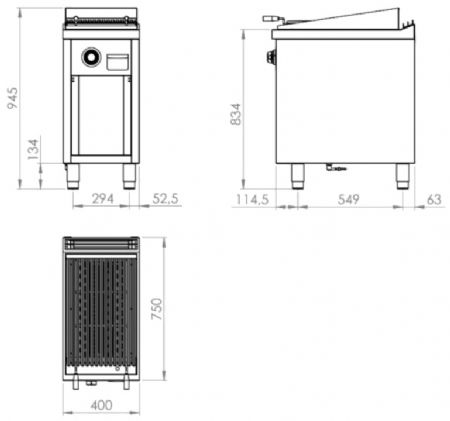 Plaque barbecue professionnelle à gaz sur placard ouvert 8,7 kW - 400x750x945 mm