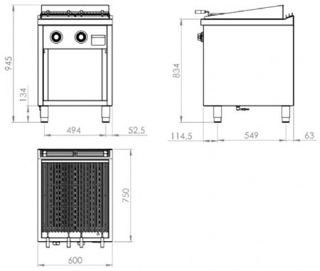 Plaque barbecue professionnelle à gaz sur placard ouvert 16,6 kW - 600x750x945 mm