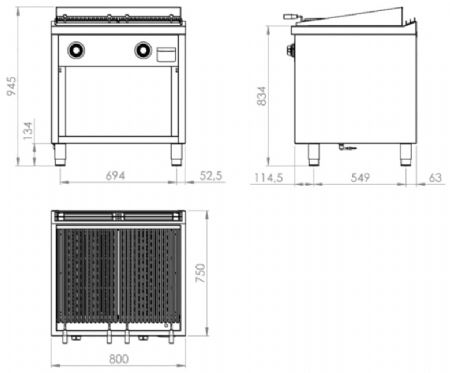 Plaque barbecue professionnelle à gaz sur placard ouvert 17,4 kW - 800x750x945 mm