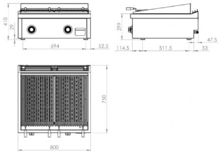 Plaque barbecue de table professionnelle à gaz 17,4 kW - 800x750x410 mm