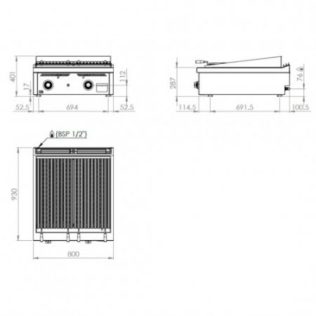 Plaque barbecue de table professionnelle  gaz 12,3 kW - 400x930x410 mm