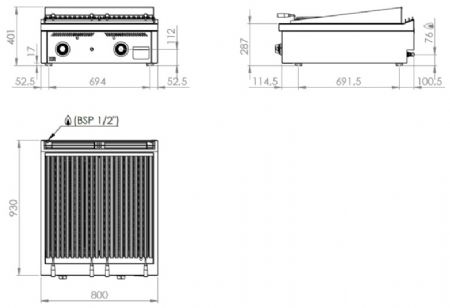 Plaque barbecue de table professionnelle à gaz 12,3 kW - 400x930x410 mm