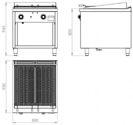 Plaque barbecue professionnelle à gaz sur placard ouvert 24,6 kW - 800x930x945 mm