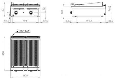Plaque barbecue de table professionnelle à gaz 24,6 kW - 800x930x410 mm