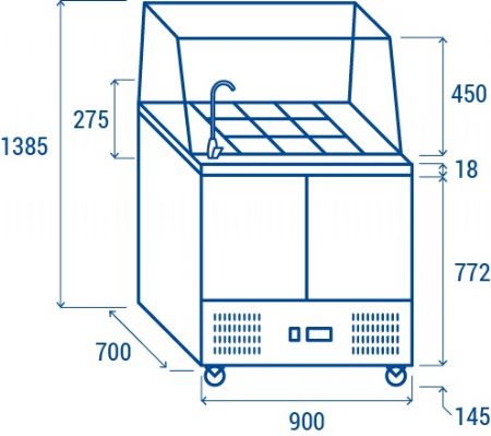 Saladette réfrigérée professionnelle 2 portes 9 bacs GN 1/6 dessus ouvert avec protection vitrée +2/+10°C - Coolhead - BB 90