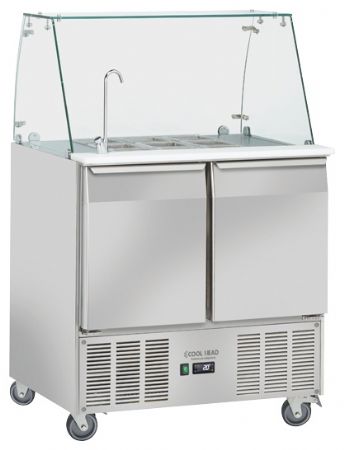 Saladette réfrigérée professionnelle 2 portes 9 bacs GN 1/6 dessus ouvert avec protection vitrée +2/+10°C - Coolhead - BB 90