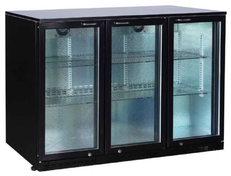 Arrière de bar réfrigéré skin plate noir 3 portes battantes vitrées, 0/+8°C - l2g - BBT350