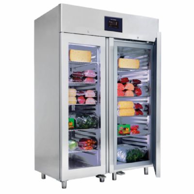 Réfrigérateur inox 2 portes vitrées GN2/1 plage -2/+8°C volume 1400 L Réfrigérateur inox 2 portes vitrées GN2/1 plage -2/+8°C volume 1400 L