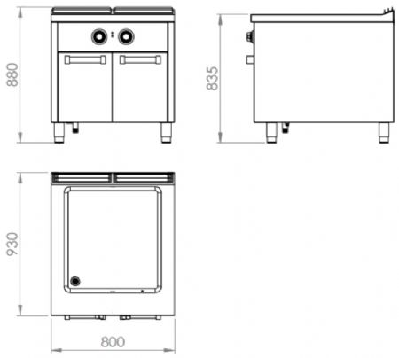 Bain marie électrique professionnel sur placard avec portes 6,6 kW - 800x930x880 mm