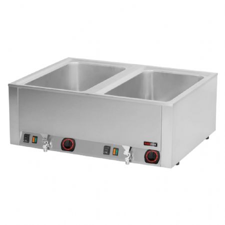 Bain-marie électrique pour bacs 2x GN 1/1 profondeur 200 avec vidange et réglage de température 30 à 90 °C
