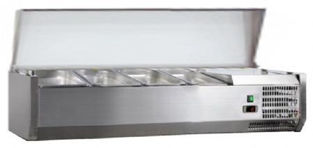 Vitrine à ingrédients réfrigérée inox avec couvercle inox, 3 GN 1/3 + 1 GN 1/2-150, +2/+8°C, L 1200 mm - l2g - C-VRX1200/380 Vitrine à ingrédients réfrigérée inox avec couvercle inox, 3 GN 1/3 + 1 GN 1/2-150, +2/+8°C, L 1200 mm - l2g - C-VRX1200/380