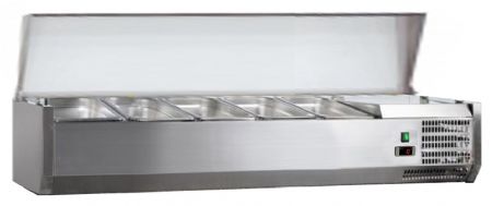 Vitrine à ingrédients réfrigérée inox avec couvercle inox, 4 GN 1/3 + 1 GN 1/2-150, +2/+8°C, L 1400 mm - l2g - C-VRX1400/380 Vitrine à ingrédients réfrigérée inox avec couvercle inox, 4 GN 1/3 + 1 GN 1/2-150, +2/+8°C, L 1400 mm - l2g - C-VRX1400/380