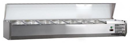 Vitrine à ingrédients réfrigérée inox avec couvercle inox, 7 GN 1/3-150, +2/+8°C, L 1600 mm - l2g - C-VRX1600/380 Vitrine à ingrédients réfrigérée inox avec couvercle inox, 7 GN 1/3-150, +2/+8°C, L 1600 mm - l2g - C-VRX1600/380