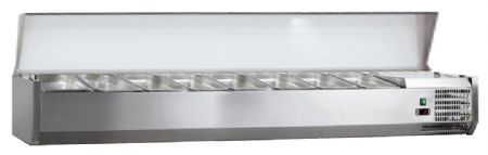 Vitrine à ingrédients réfrigérée inox avec couvercle inox, 8 GN 1/3-150, +2/+8°C, L 1800 mm - l2g - C-VRX1800/380 Vitrine à ingrédients réfrigérée inox avec couvercle inox, 8 GN 1/3-150, +2/+8°C, L 1800 mm - l2g - C-VRX1800/380