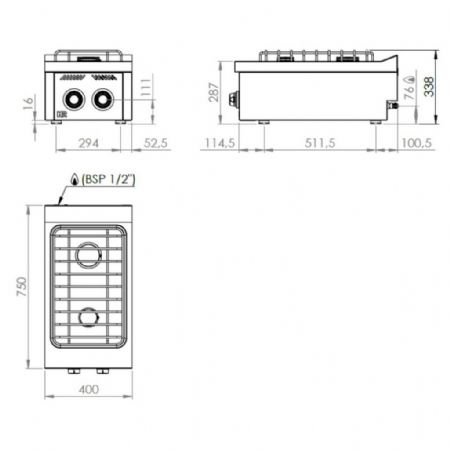 Cuisinière à gaz 2 brûleurs 15,3 kW à poser - Hr Fainca - C2F750S