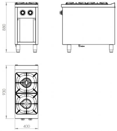 Fourneau professionnel à gaz sur placard ouvert avec 2 brûleurs 10,5 + 8,5 kW - 400x930x880 mm