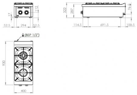 Fourneau de table professionnel à gaz avec 2 brûleurs 10,5 + 8,5 kW - 400x930x322 mm