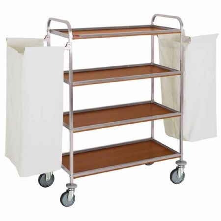 Matériel professionnel fruits et légumes Chariot à linge inox, 4 niveaux, 2 sacs - chêne foncé - Diamond - C2SL/1-NC