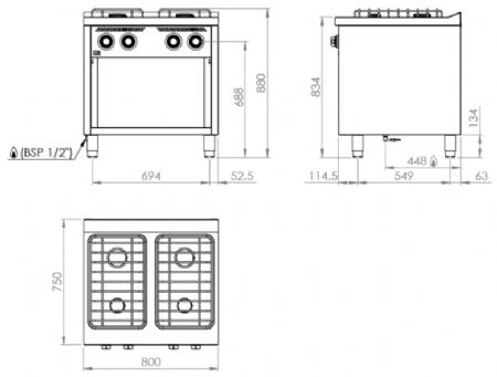 Fourneau professionnel à gaz sur placard ouvert avec 4 brûleurs 2x8,5 + 2x6,8 kW - 800x750x880 mm