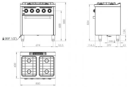 Fourneau professionnel à gaz sur four à gaz gn 2/1 avec 4 brûleurs 2x8,5 + 2x6,8 kW - 800x750x880 mm