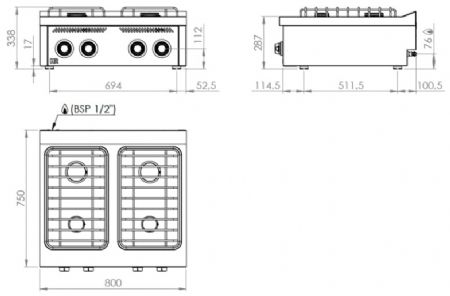 Fourneau de table professionnel à gaz avec 4 brûleurs 2x8,5 + 2x6,8 kW - 800x750x345 mm