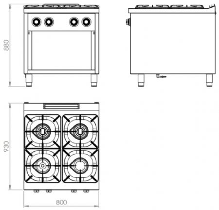 Fourneau professionnel à gaz sur placard ouvert avec 4 brûleurs 2x10,5 + 2x8,5 kW - 800x930x880 mm