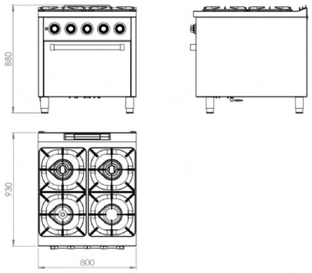 Fourneau professionnel à gaz sur four à gaz gn 2/1 avec 4 brûleurs 2x10,5 + 2x8,5 kW - 800x930x880 mm