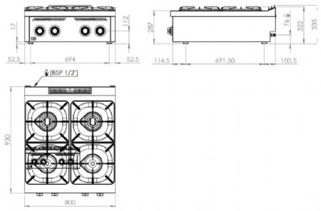 Fourneau de table professionnel à gaz avec 4 brûleurs 2x10,5 + 2x8,5 kW - 800x930x322 mm