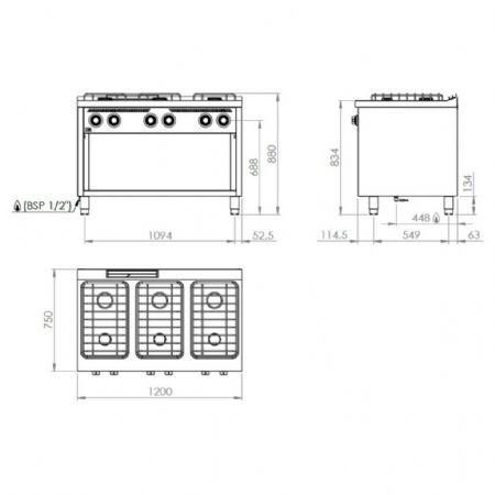 Cuisinière gaz 6 brûleurs 45,9 kW sur placard - Hr Fainca - C6F750E
